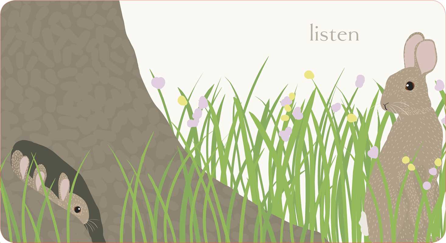 Illustration of two animals by a tree with the word 'listen' above them.