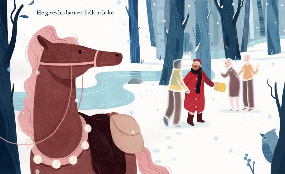 Illustration of a horse with a cart in a snowy forest with people watching.