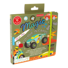 A boxed card game product shown on a plain white studio background. The package is olive green with colorful racing-themed illustrations and text reading 'Magic Colour-In Cards' and 'Love and Rock.