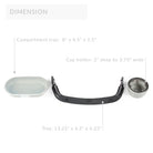 Measurement chart showing dimensions of a compartment tray, cup holder, and tray on a white background.