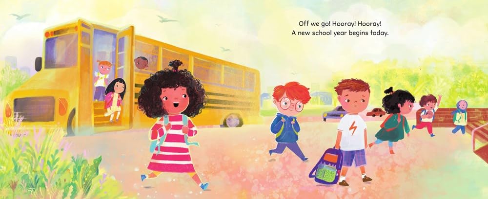 Illustration of children walking to a school bus with text about a new school year.