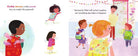 Illustrated children's book page with children preparing for school, filled with backpacks and supplies.