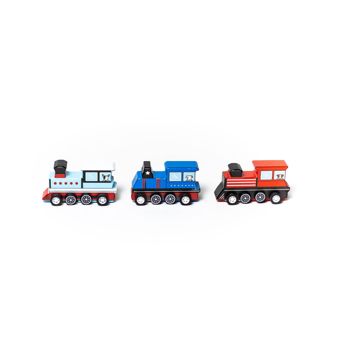 Three toy train engines in red, blue, and white on a white background