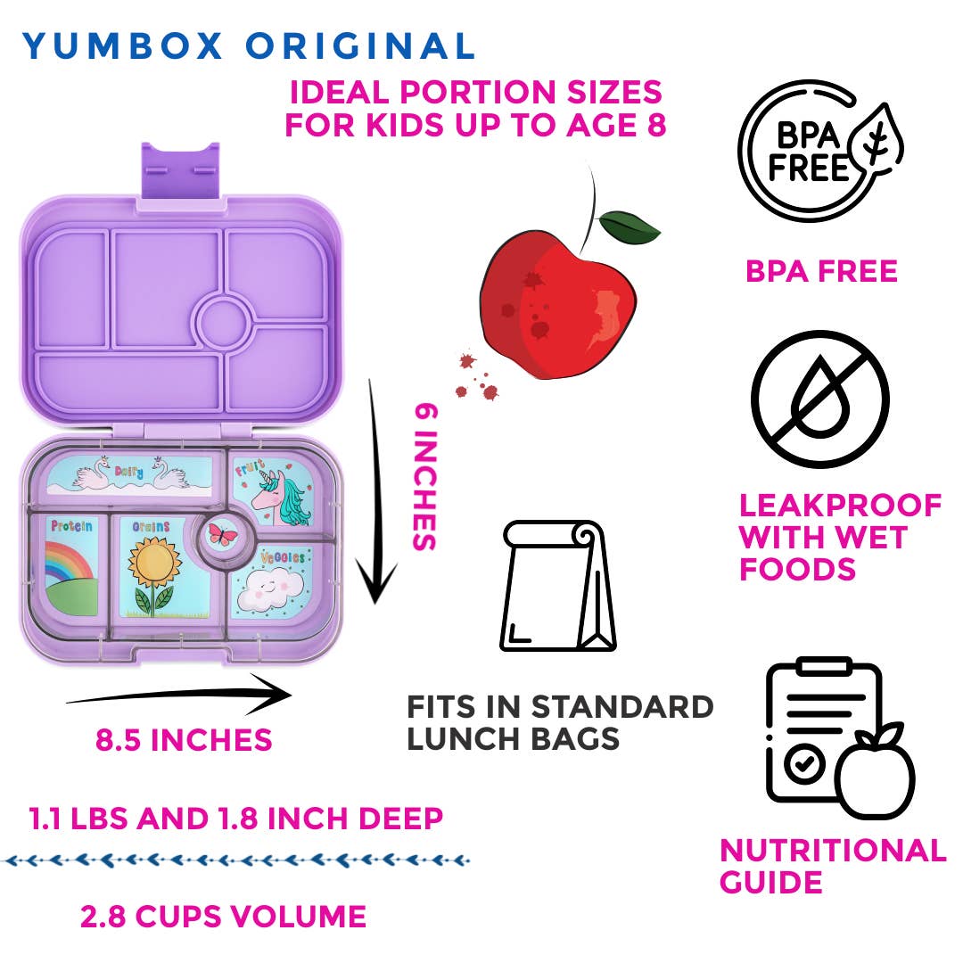 Yumbox Original lunch box with features listed on a white background