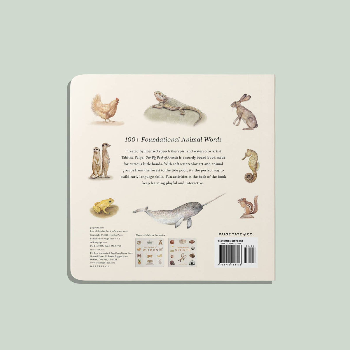 Back cover of a book with illustrations of animals and text on a light green background