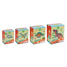 Four children's dinosaur jigsaw puzzle boxes in different sizes, arranged in a row against a plain white background. The boxes feature colorful dinosaur illustrations and the text 'DINO PUZZLE'.