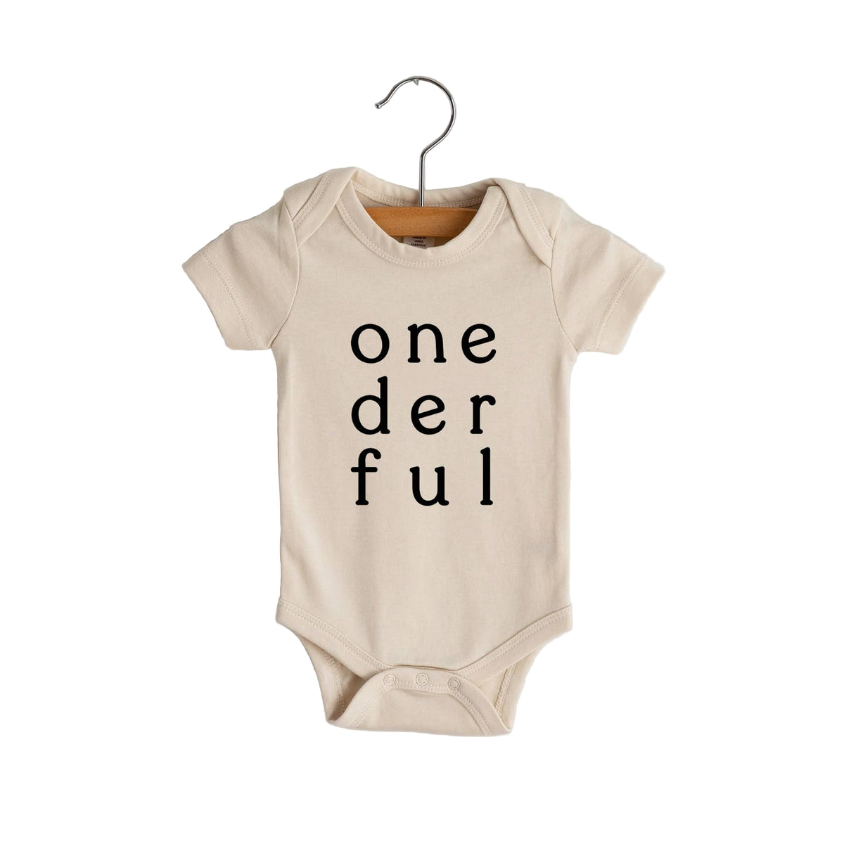Beige baby onesie with 'one der ful' text on a white background