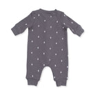 A baby long-sleeve footless romper in dark gray with a small white lightning bolt pattern, shown flat on a white background.