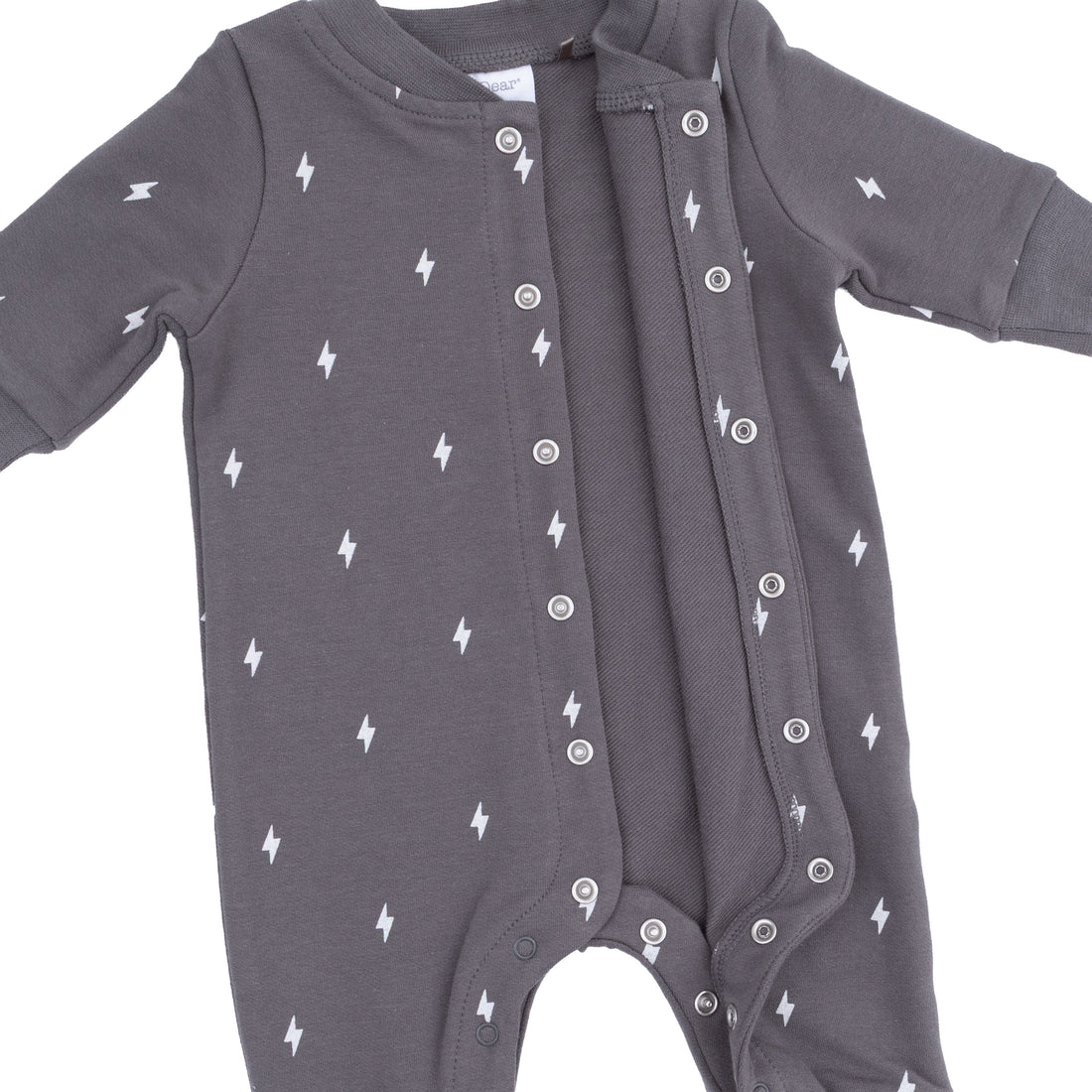 A dark gray long-sleeve baby romper with a white lightning bolt pattern and snap-button front closure, shown on a plain white background.