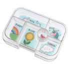 Transparent lunch box with colorful compartments labeled 'Protein', 'Grains', 'Fruit', and 'Vegetables' on a white background.