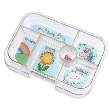Transparent lunch box with colorful compartments labeled 'Protein', 'Grains', 'Fruit', and 'Vegetables' on a white background.
