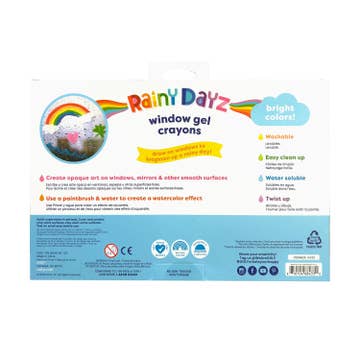 Package of Rainy Dayz window gel crayons with colorful design and text on a white background
