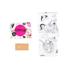 A coloring kit by OMY featuring a unicorn theme, including a poster with uncolored illustrations and six mini pencils.