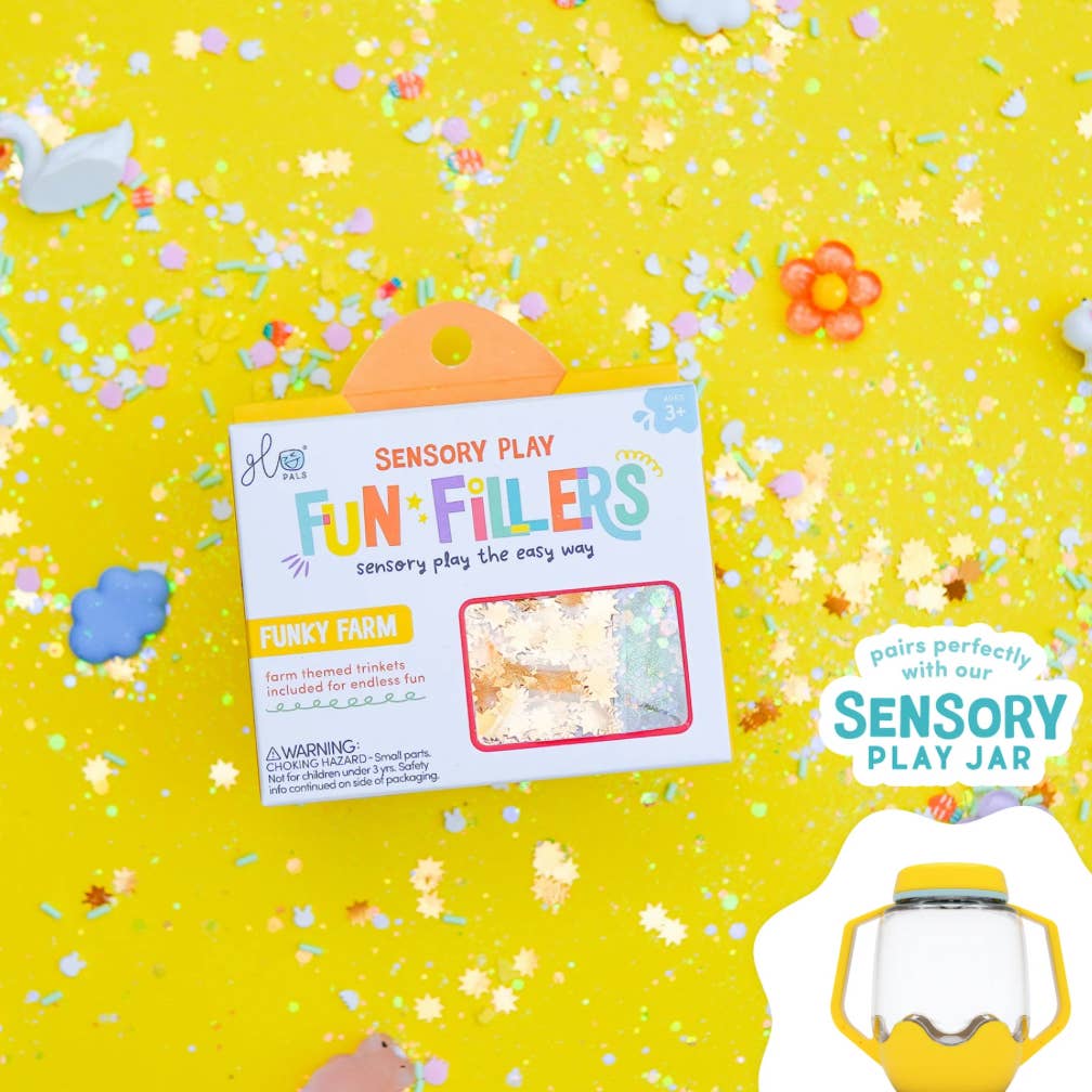 Sensory play product packaging with colorful confetti on a yellow background
