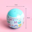 Small round container with cartoon designs on a pink background, showing measurements.