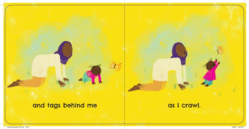 Illustrated book page with two figures and a child on a yellow background