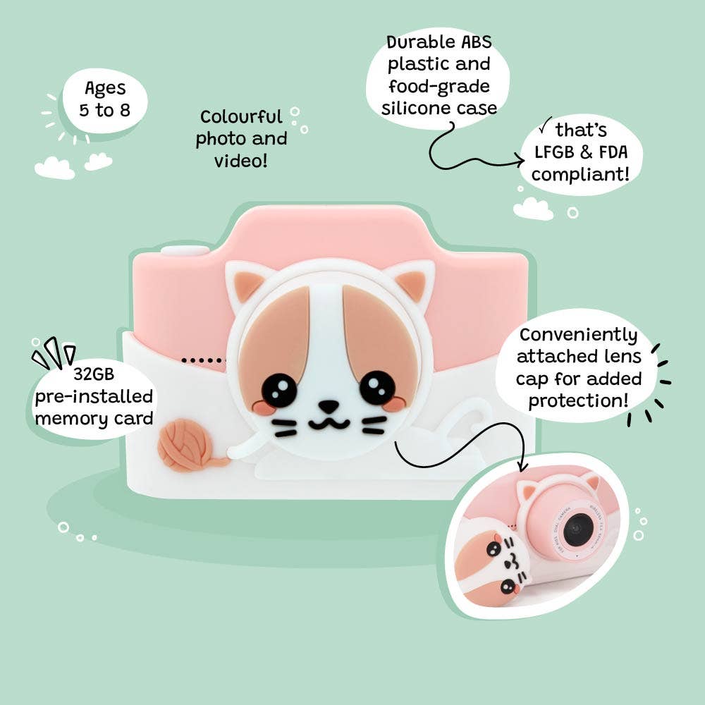 Children's camera with a cute animal design on a light green background