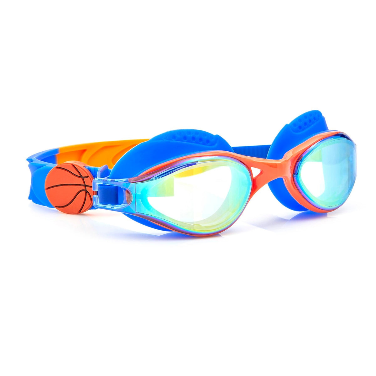 Colorful swim goggles with basketball design on a white background