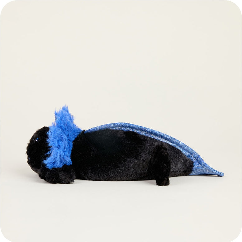 A black and blue Axolotl Junior plush toy by Warmies, featuring soft black fur and vibrant blue feathery external gills, smiling gently.