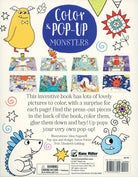 Back cover of a children's coloring book with pop-up elements and illustrations.