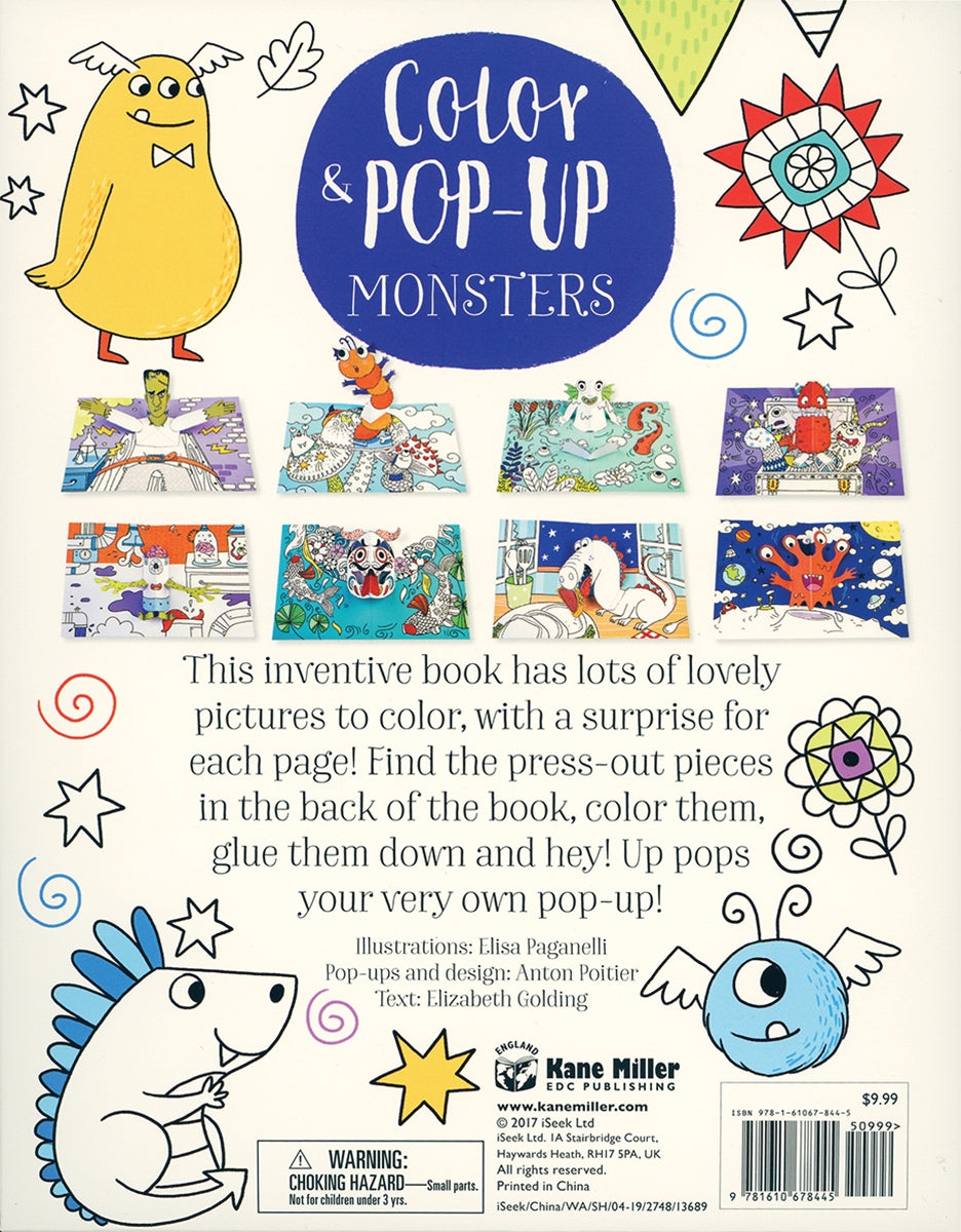 Back cover of a children's coloring book with pop-up elements and illustrations.