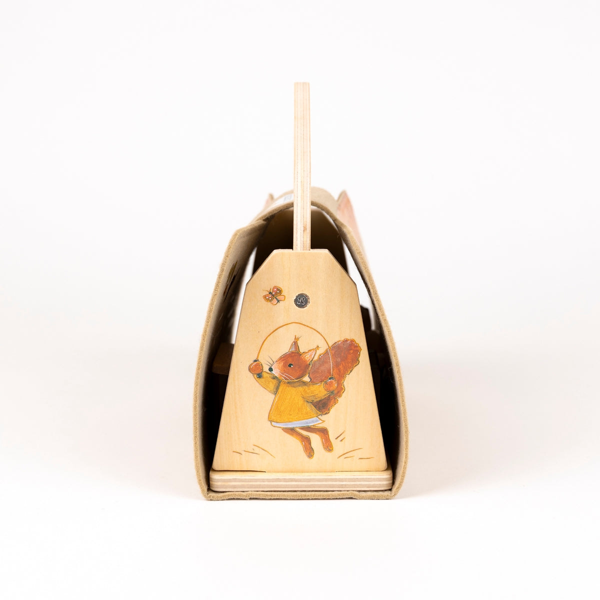 Wooden bell with a squirrel design on a white background