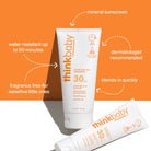 thinkbaby sunscreen tube with features highlighted on an orange background