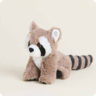 A Raccoon Junior plush toy by Warmies, featuring fuzzy brown fur, a white muzzle, black eye patches, and a striped tail, shown from the side in a sitting position.