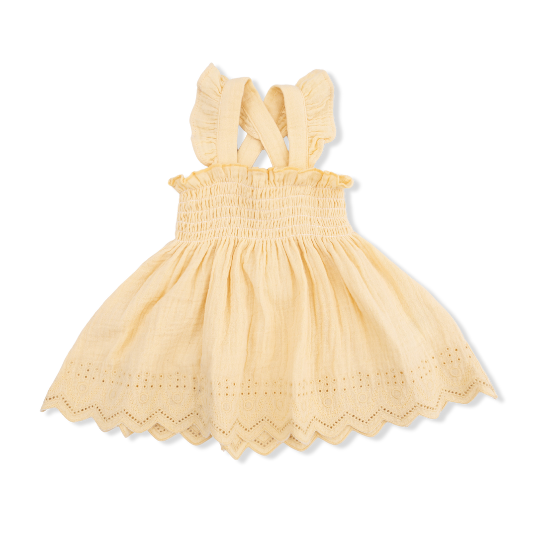 Yellow baby dress with butterfly sleeves on a white background