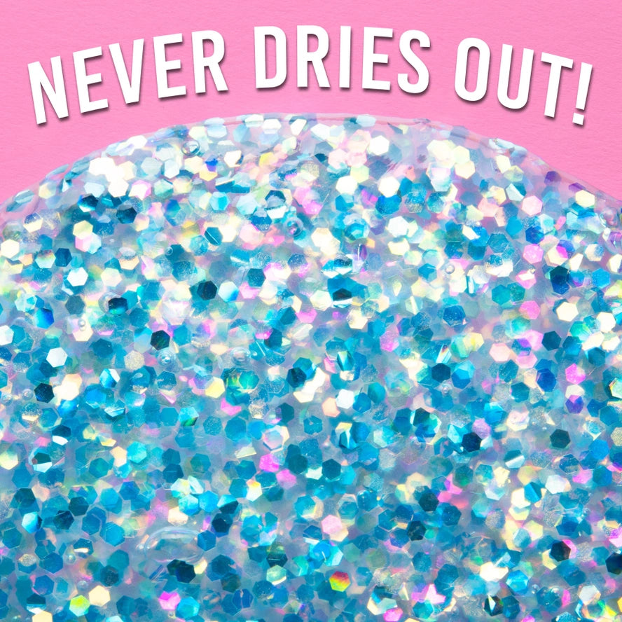 Glittery substance with text 'NEVER DRIES OUT!' on a pink background