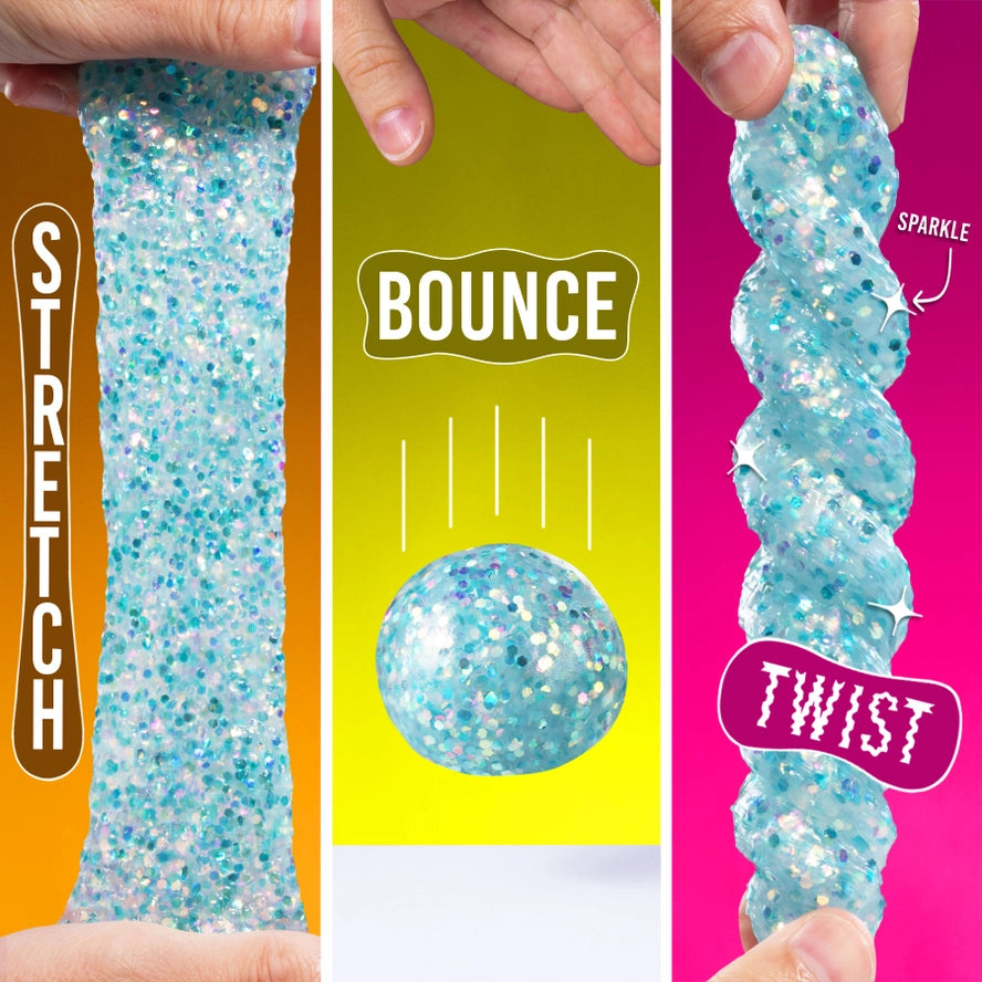 Collage of a sparkly blue slime being stretched, bounced, and twisted with text labels on a colorful background.