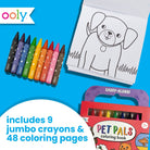 Ooly Pet Pals coloring book and jumbo crayon set on a bright blue background. The set includes a white coloring page with a dog outline, nine colorful crayons, and a red carry-along crayon box labeled 'PET PALS coloring book'.