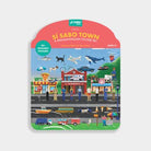 Packaging of a sticker set with illustrations of a town scene, including buildings and people.