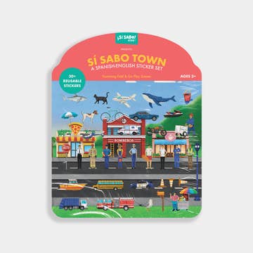 Packaging of a sticker set with illustrations of a town scene, including buildings and people.