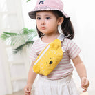 Child wearing a pink hat and yellow waist bag with a white background