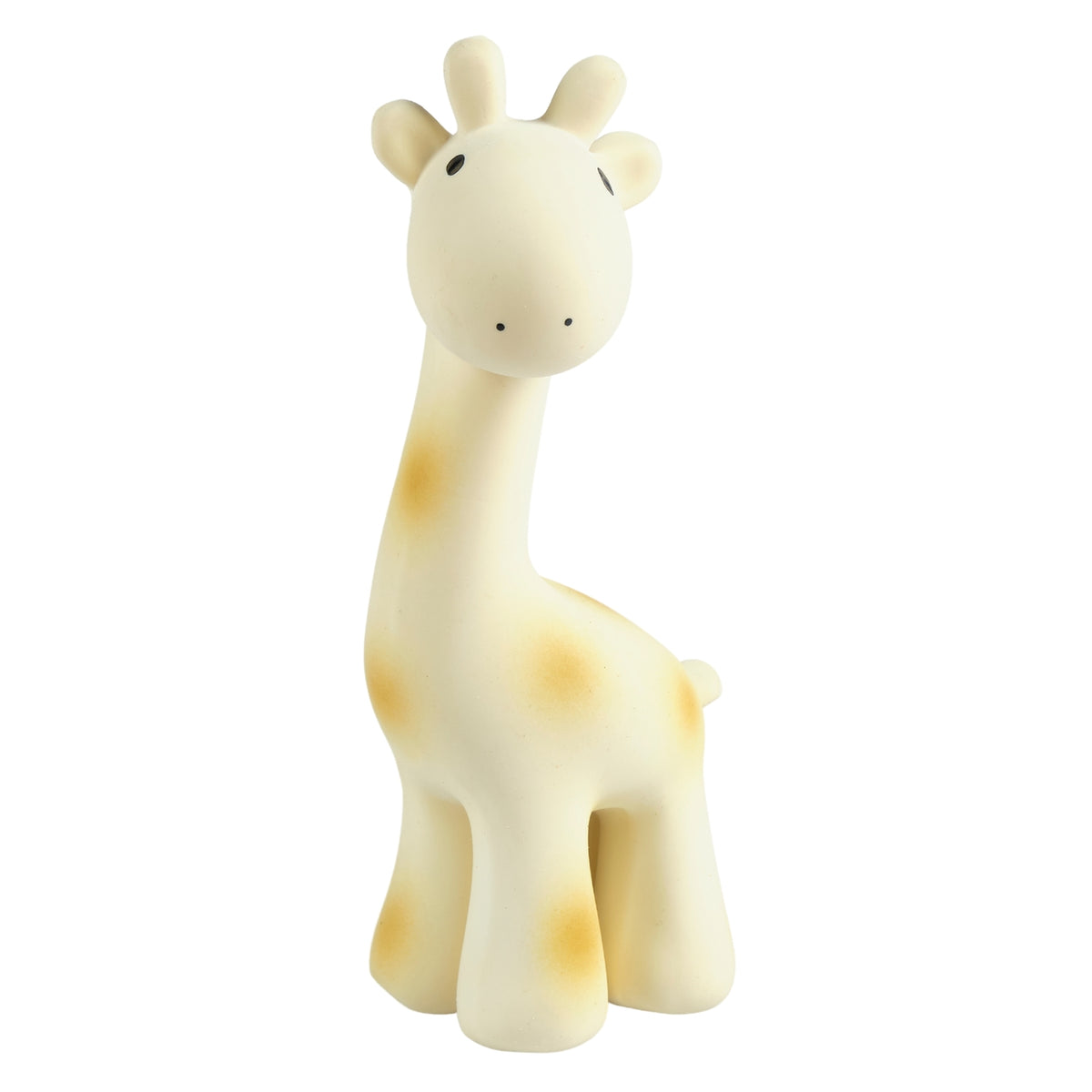 A cute, minimalist giraffe-shaped silicone baby teether or toy in a warm cream color with soft yellow spots, shown against a plain white background.