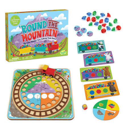 Board game set 'Round the Mountain' with colorful train pieces and packaging.