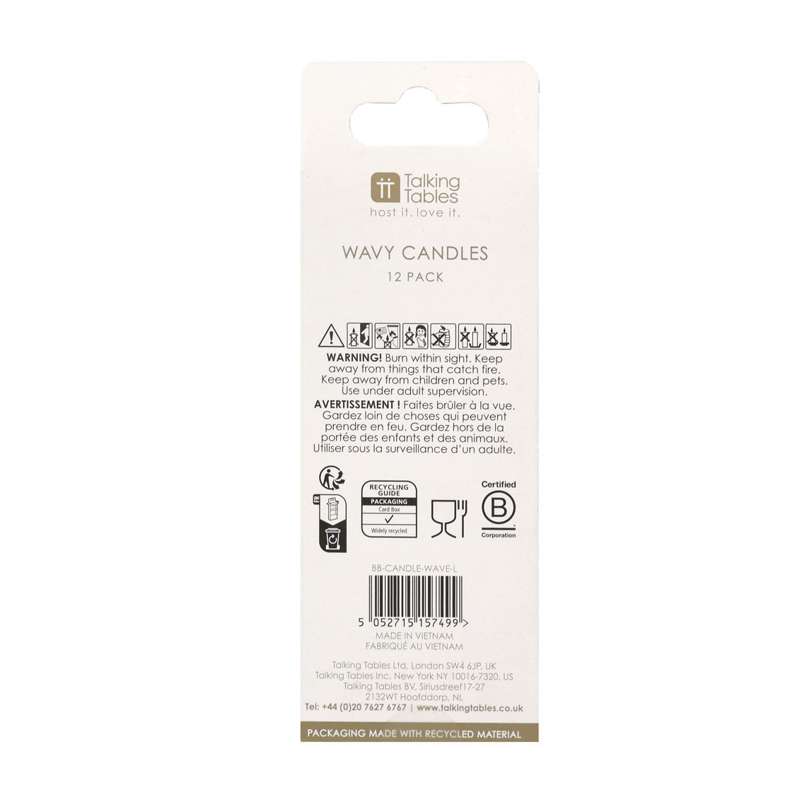 Packaging of Talking Tables wavy candles with product details on a white background