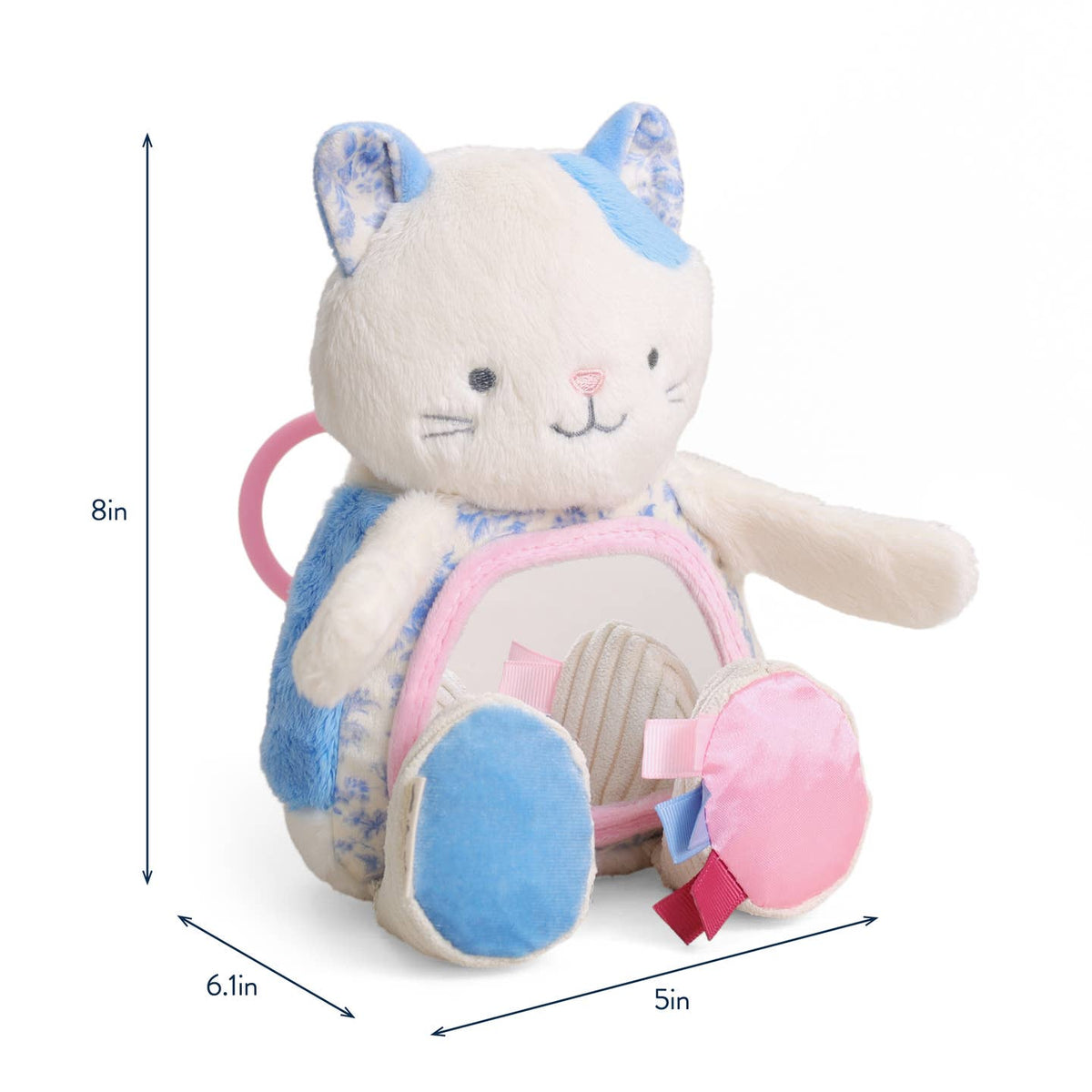 Plush cat toy with dimensions on a white background