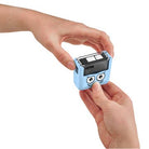 Small blue device with cartoon face held between two hands on a white background
