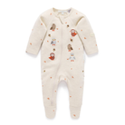A cream-colored baby footed sleeper with a front zipper and an all-over autumn owl print, shown flat on a white background.