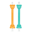 Two bear-shaped pacifier holders, one orange and one teal, on a white background.