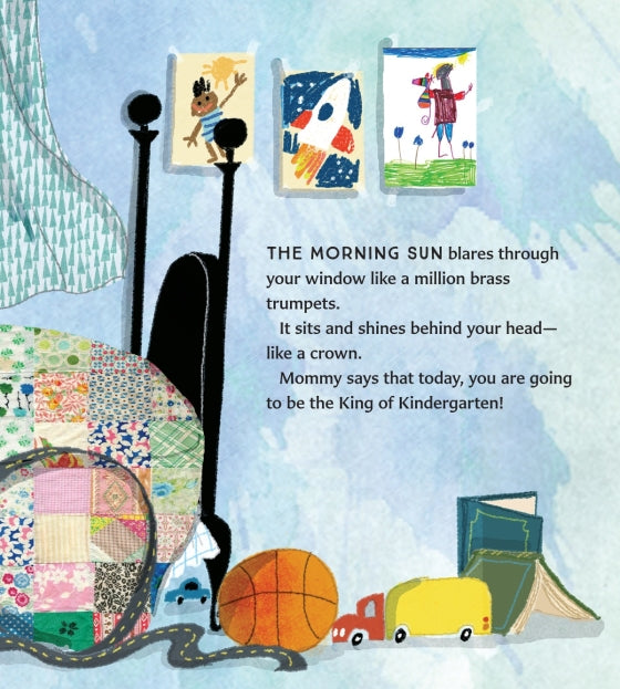 Illustrated children's book page with toys and text about kindergarten.
