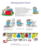 Illustrated children's book page about getting ready for school with cartoon characters and text.