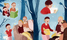 Illustration of children reading books together in a cozy setting with trees and stars.