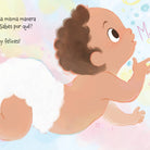Illustration of a baby in a diaper with text in Spanish on a colorful background