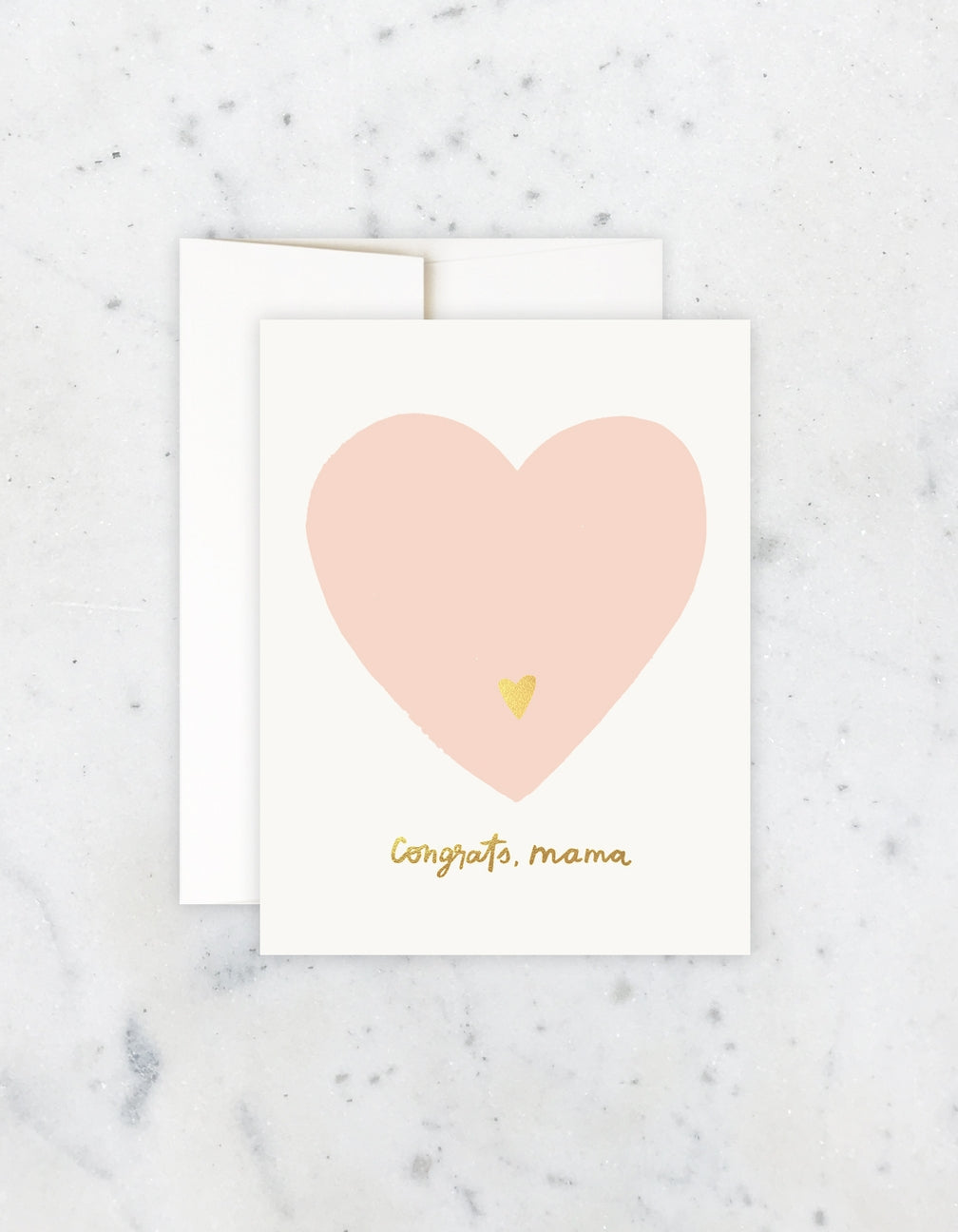 Greeting card with a pink heart and 'Congrats, mama' text on a white background