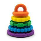 A colorful baby teething toy stack made of six stacked silicone rings in orange, yellow, green, blue, and purple, on a white background.