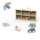 Set of wooden toy cars with a display case on a white background