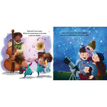 Illustrations of children and adults with musical instruments and a telescope against a starry night sky.